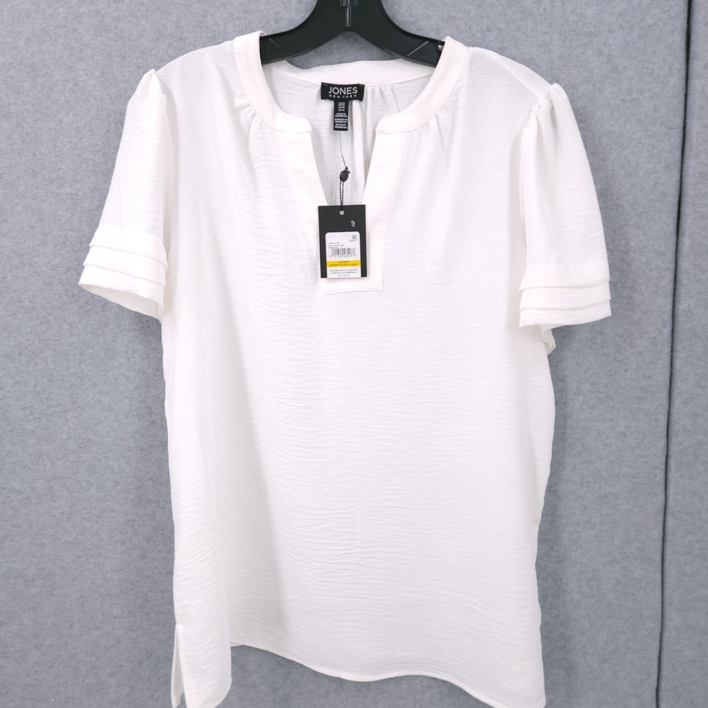 Jones New York Short Sleeve Raglan Popover White V Neck Blouse Womens Size M NWT